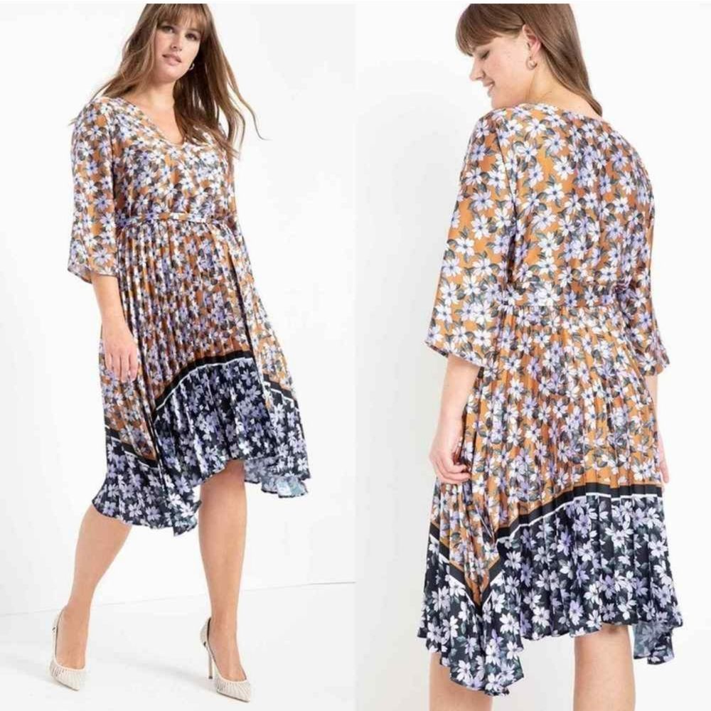 Eloquii Floral Pleated Sharkbite Dress Sz 16 - Picture 2 of 9
